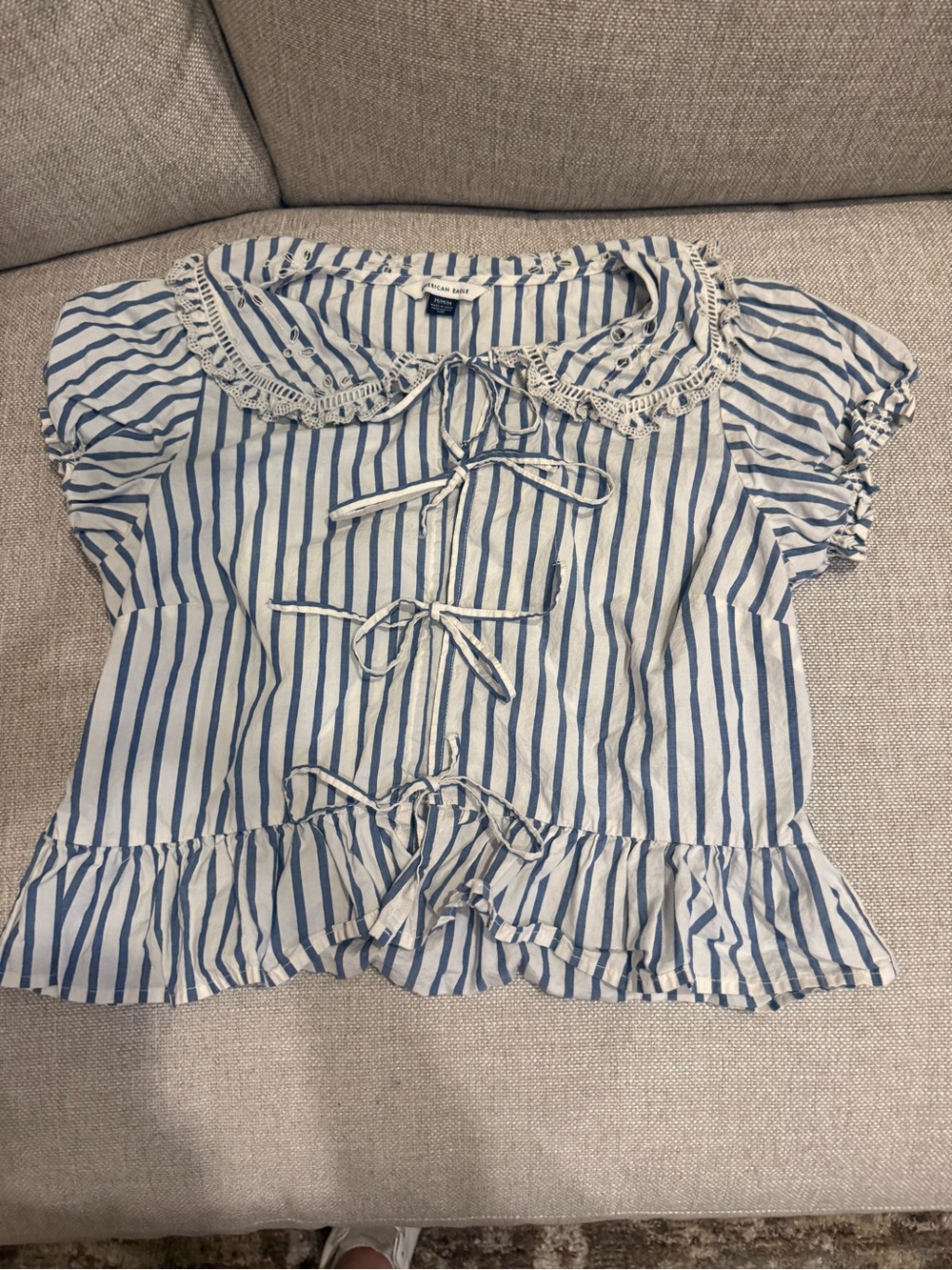 American Eagle Outfitters Blue & White Striped Tie-Front Peasant Blouse